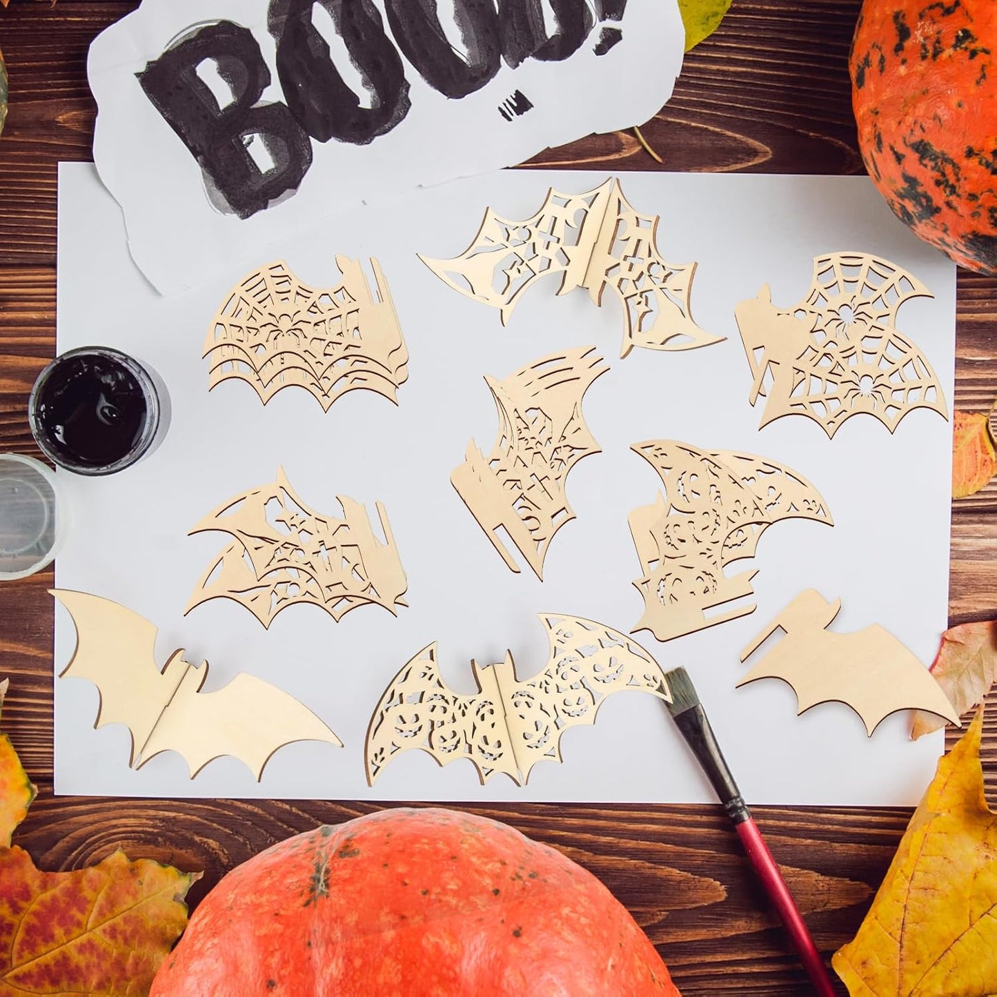 COCHIE DIY 3D Halloween Bats Wood Crafts to Paint for Kids Adults, Paintable Unfinished Wooden Slices for Craft, Bat Cutouts Ornaments for Painting Decorations (24 PCS)