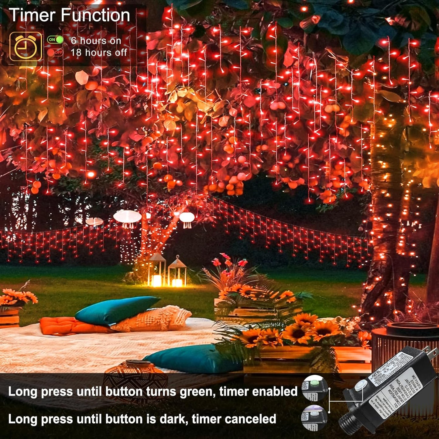 66ft Red Icicle Lights Indoor for Bedroom, 640 LED String Lights for Outside Clear Wire Connectable Twinkle Light with 8 Modes Timer Waterproof for Window Party Wedding Decorations