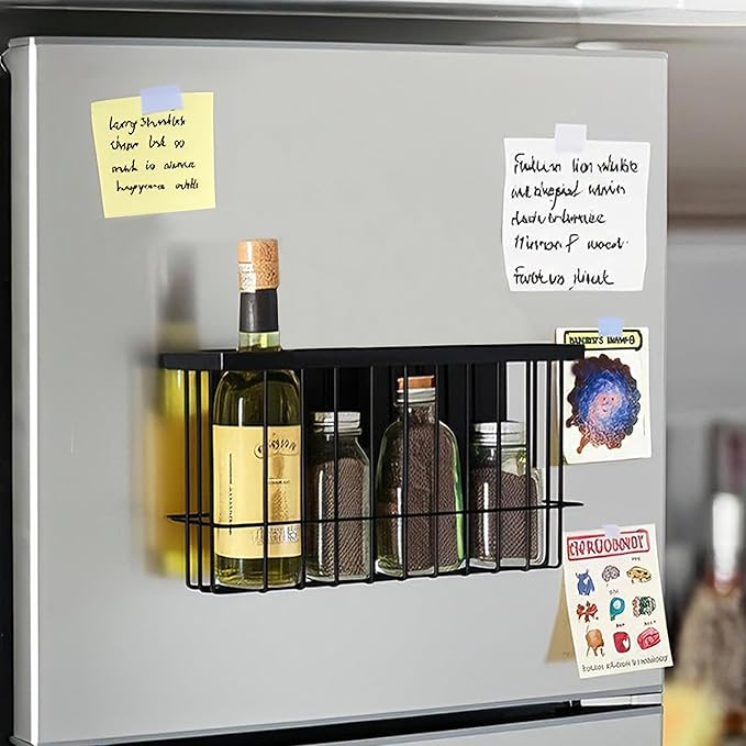 Magnetic Basket for Fridge, Magnetic Basket, Foil and Plastic Wrap Organizer with 4 Caddy Adhesive Stickers, Cabinet Storage Basket for Kitchen Wrap Food Bag Storage, Black, 2 Pack