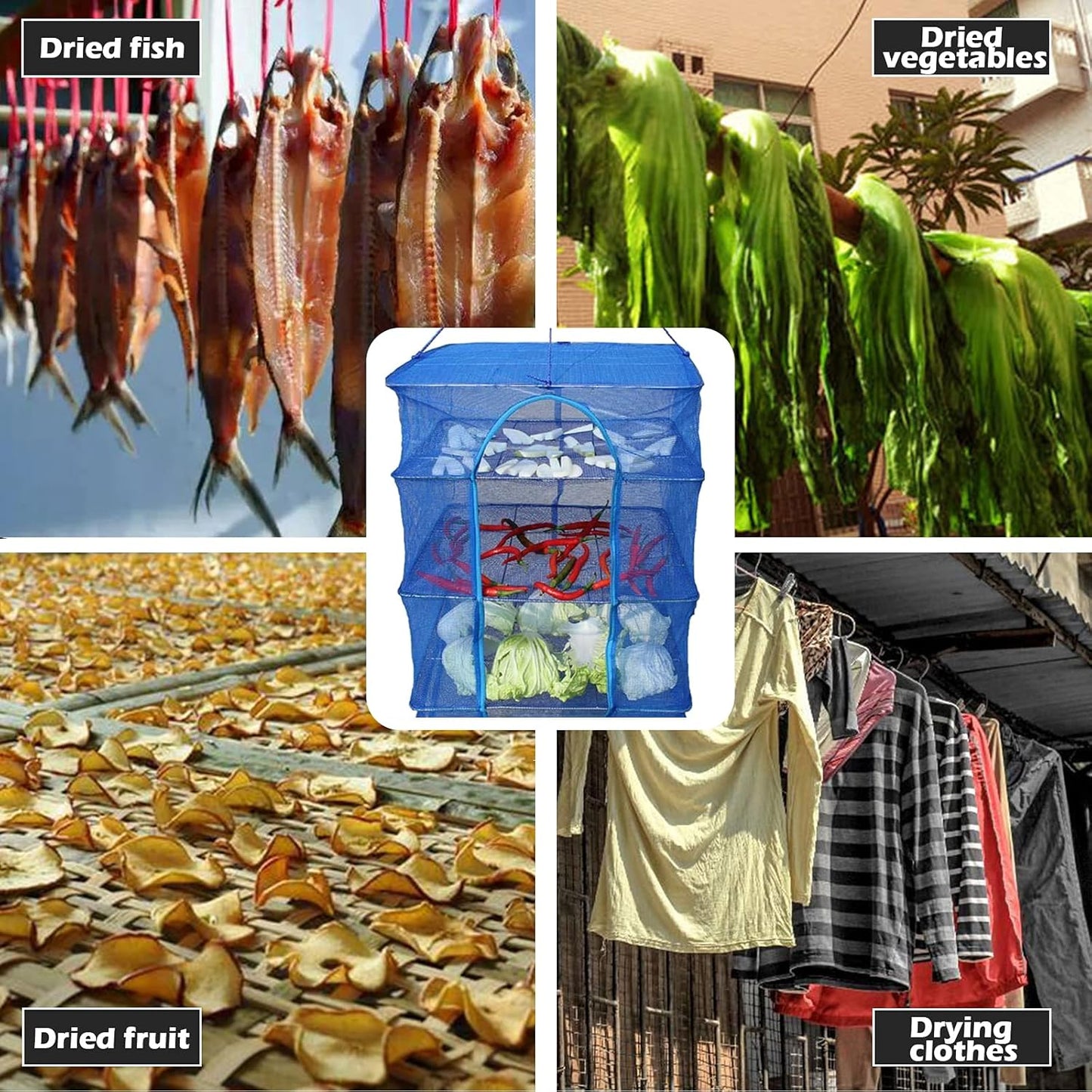 Drying Rack 4 Layers Folding Mesh, Foldable Nylon Netting, Hanging Drying Net, for Shrimp, Fish, Fruit, Vegetables, Herb, with Zipper Opening - Blue (25.59X13.78X13.78 in)