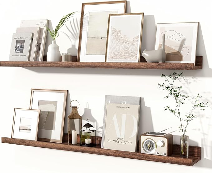 Fun Memories Picture Ledge Shelves Set of 2, 36 Inch Rustic Wall Mounted Floating Shelves with Lip for Home Storage and Décor in Bathroom, Kitchen, Nursery, Bedroom, Living Room, Walnut