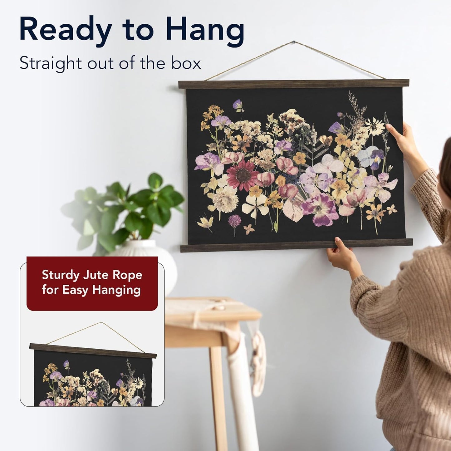 American Art Decor Framed Dried Flowers Tapestry Wall Art - Botanical Print with Blue, Yellow & Pink Blooms