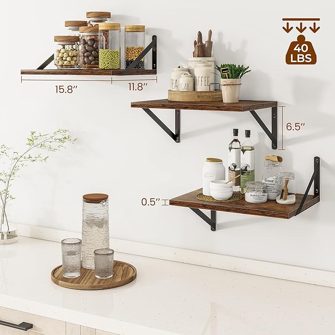 Heimlove Deep Floating Shelves for Wall, 12 Inch Deep Floating Shelves Set of 3, 16W x 12D Wood Wall Shelves, Wide Shelves with Metal Bracket for Living Room, Kitchen, Office, Bedroom - Rustic Brown