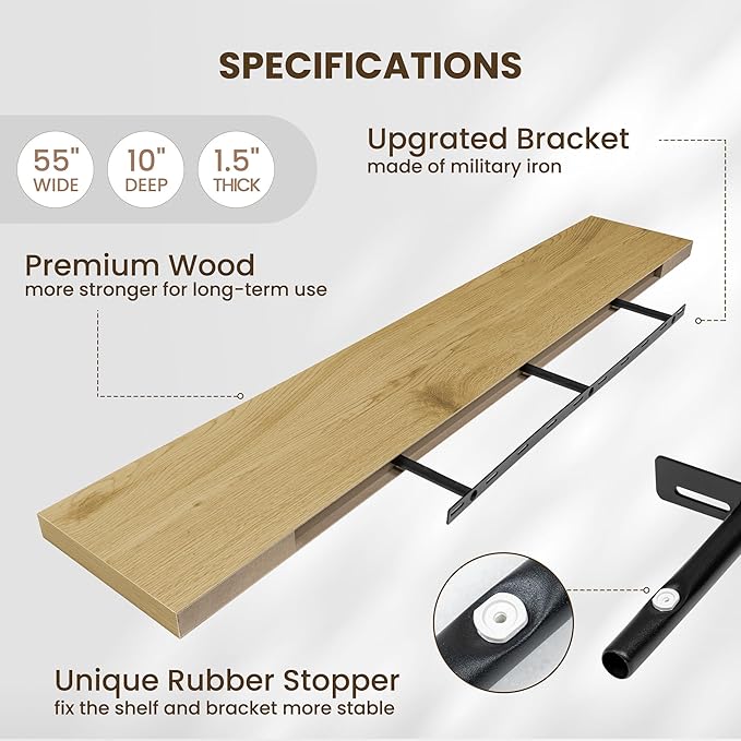 Fun Memories 55 Inch Fireplace Mentel Shelf, 10 Inch Deep Shelves for Display & Wall Storage, Rustic Wood Wall Shelf, Extra Long Floating Shelves for Living Room Laundry Room, Oak, Set of 1