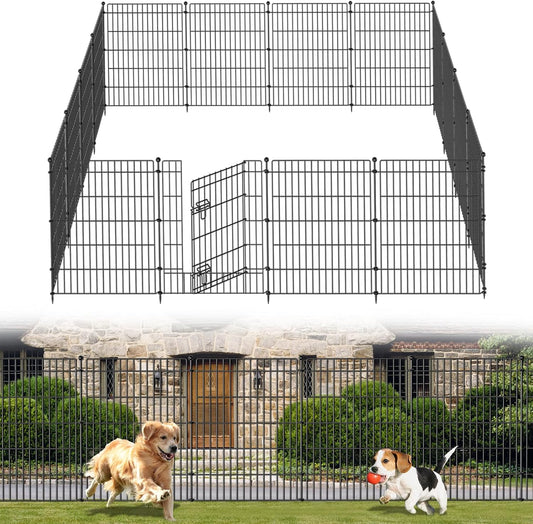 10 Panels No Dig Garden Fence with Gate, 34in(H) × 22.5ft(L) Decorative Metal Outdoor Dog Fence, Rustproof Pet Fencing for Yard, Patio, Flower Bed -Temporary Fencing| Easy to Install