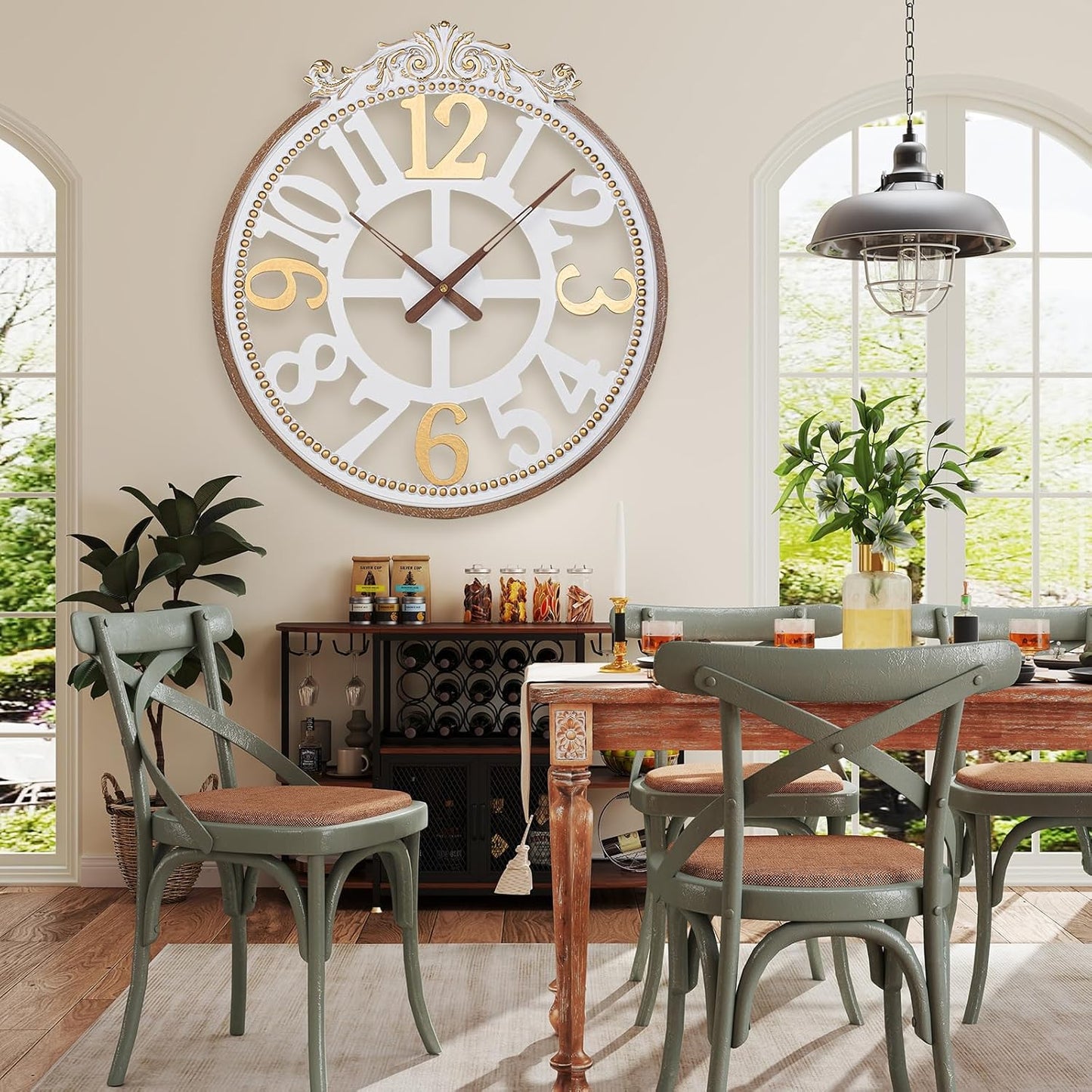 Wall Clock Farmhouse -Large 24 Inch Round Wall Clock for Living Room Decor,Rustic Wooden Big Hanging Clock with Decorative Engraved Numerals, Silent Battery Operated for Kitchen Bedroom Living Room