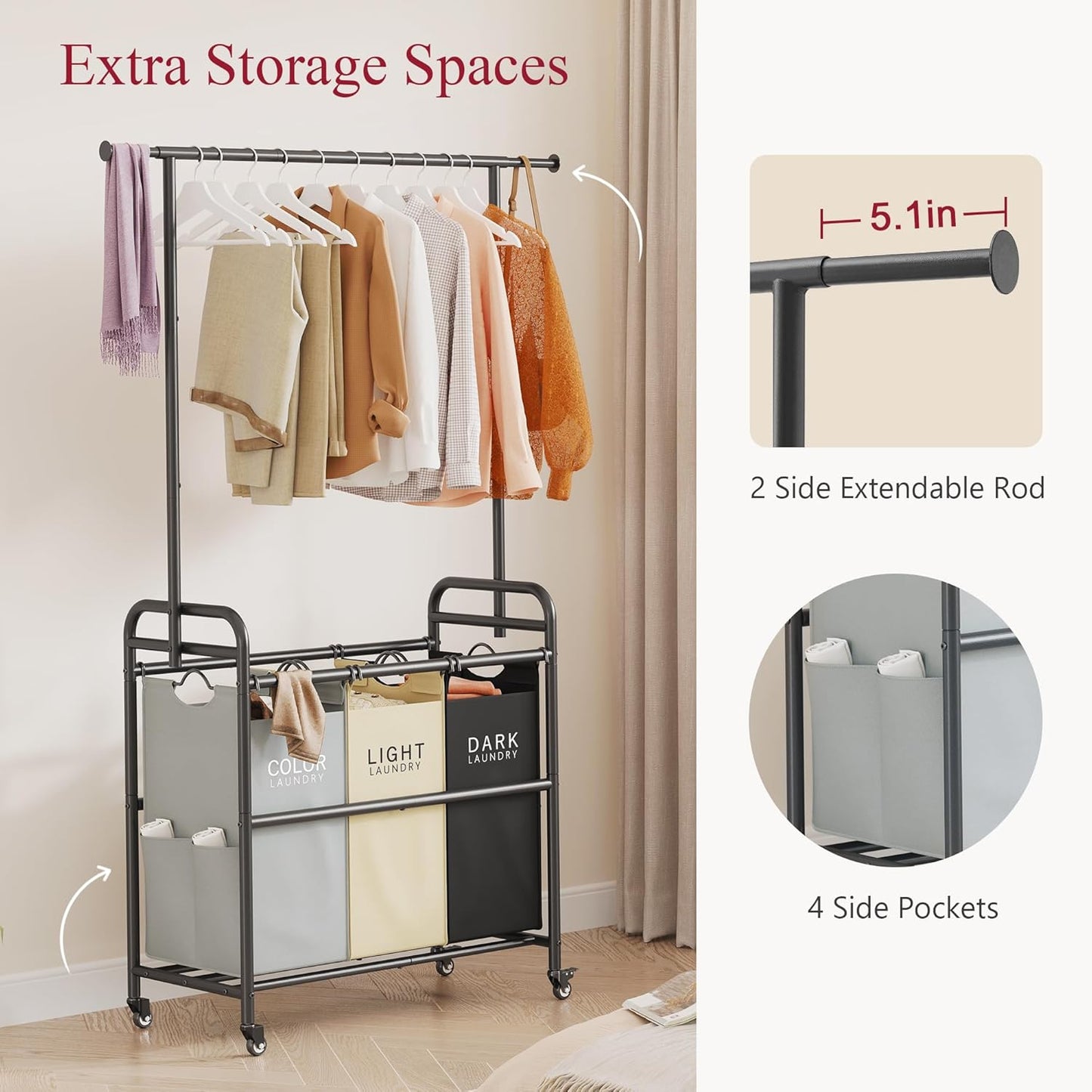 Tajsoon Laundry Sorter Cart with Hanging Clothes Rack, 3 Butler Sorter Basket Organizer, Laundry Hamper Cart with Heavy Duty Rolling Lockable Wheels, 3 Colors