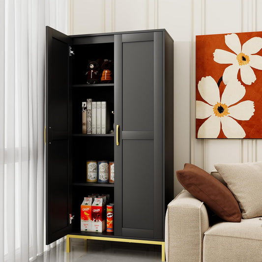 Tall Storage Cabinet, Kitchen Pantry Cabinet with 2 Doors & Adjustable Shelves for Laundry Room, Living Room, Entryway,Bathroom,Black