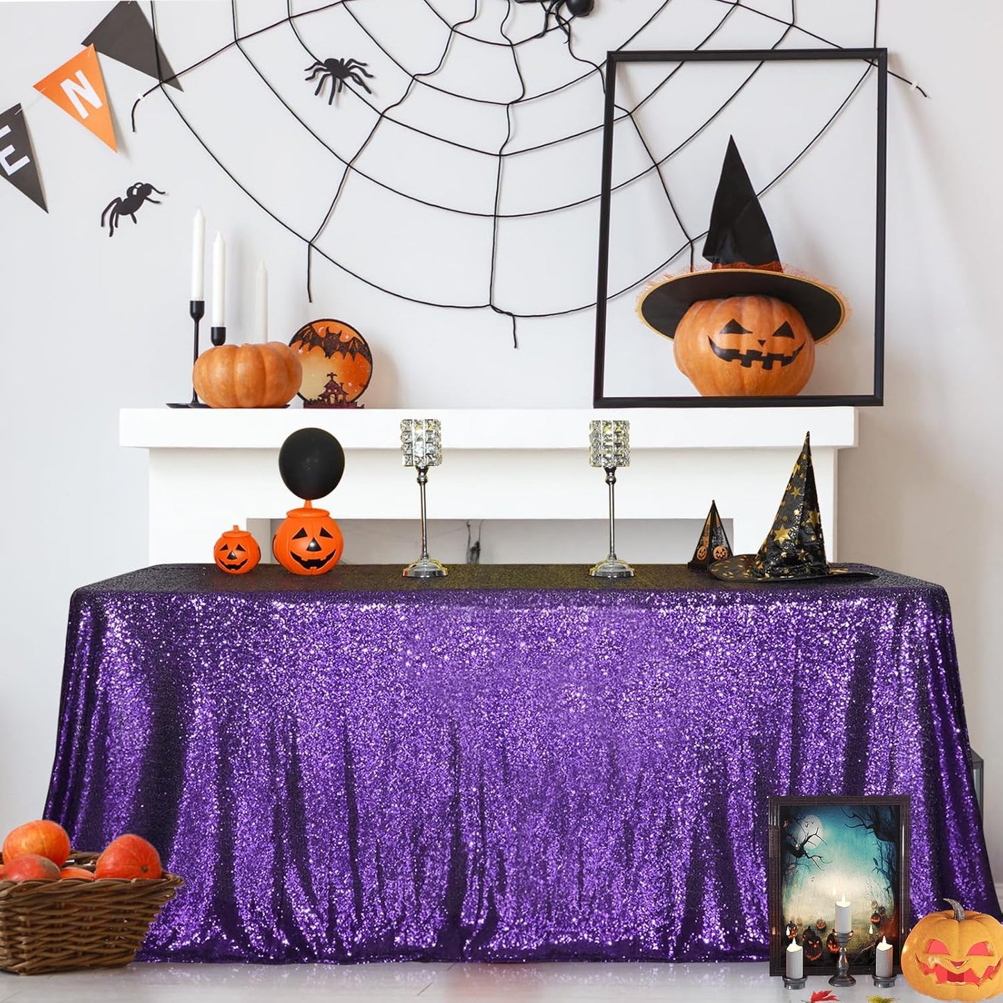 SquarePie Sequin Tablecloth 90 x 156 Inch Purple Sparkly Table Cloth for Wedding Halloween Party