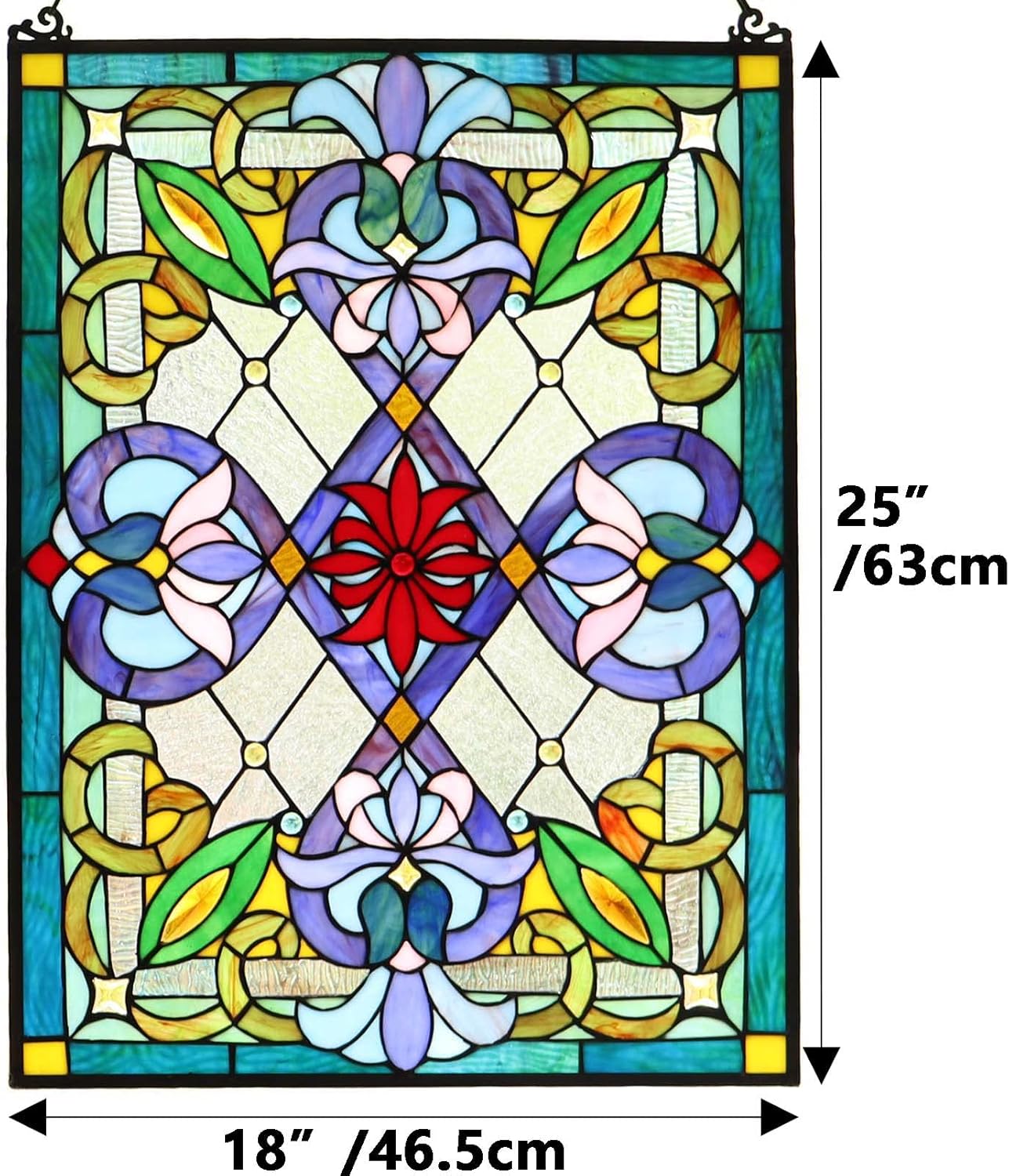 Bieye W10028 Victorian Tiffany Style Stained Glass Window Panel with Chain, Rectangular Shape, 18" W x 25" H