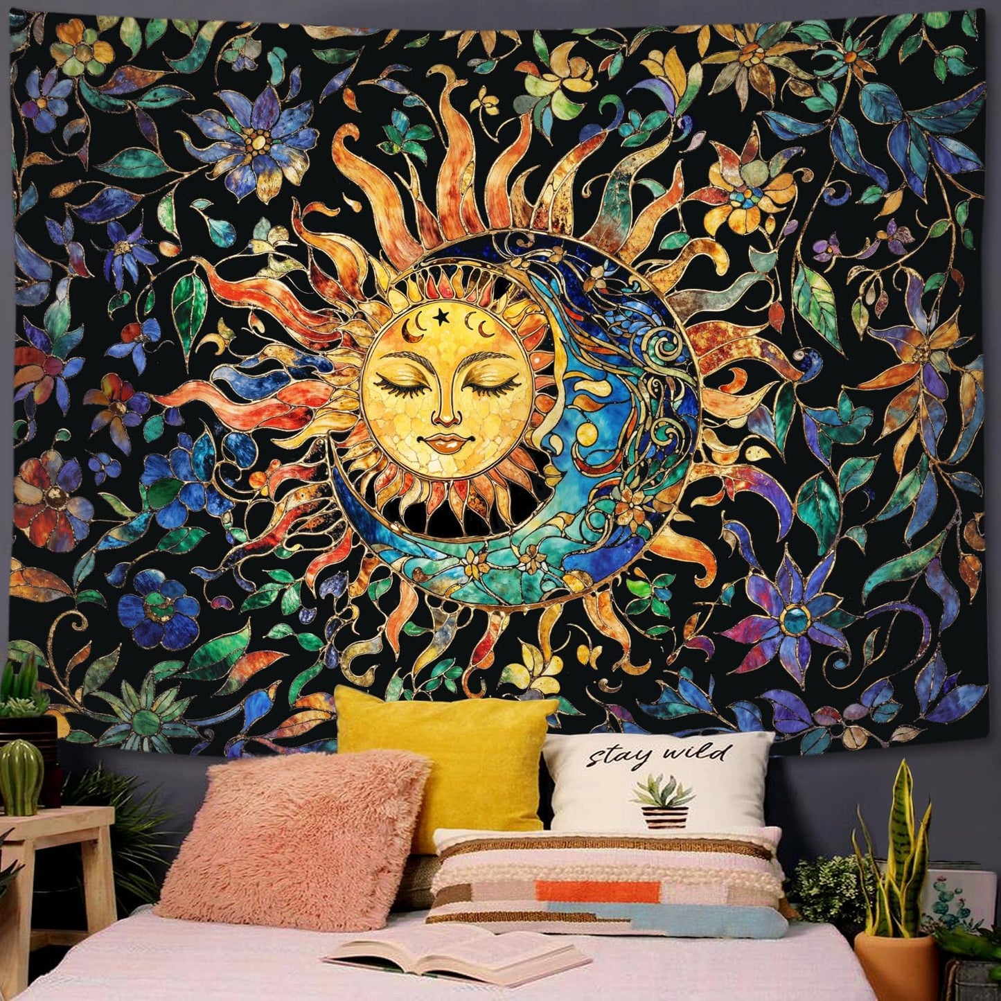 Aipon Sun and Moon Tapestry for Bedroom Boho Hippie Floral Wall Tapestry Aesthetic Vintage Stained Glass Plant Large Tapestries Wall Hanging for Living Room Dorm 80 x 60 Inch