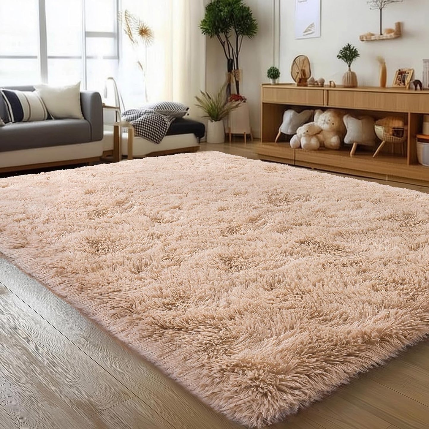 Rezutan Fluffy Rug for Living Room Bedroom, Large Comfy Modern Shaggy Fuzzy Kids Rug, Plush Indoor Nursery Classroom Home Decor Bedside with Non-Slip Bottom, Camel, 5X7 Feet