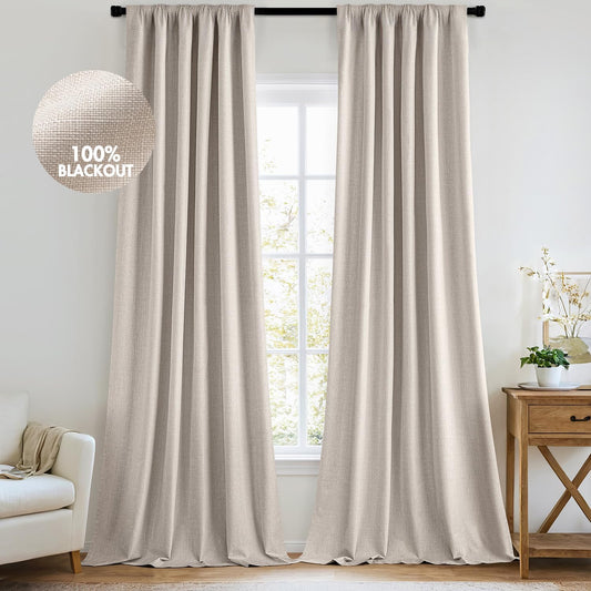 MIULEE 100% Blackout Curtains 108 Inch Long 2 Panels Set for Bedroom, Thick Luxury Faux Linen Black Out Curtain Room Darkening Back Tab Pleat Window Textured Drapes with Hooks for Living Room, Beige