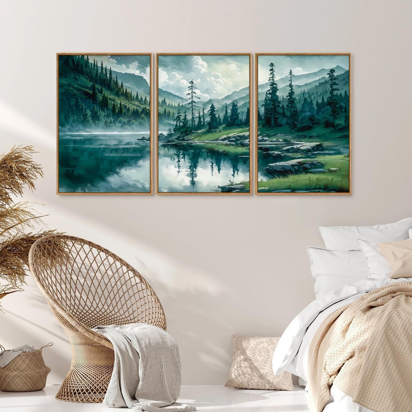 Tinonedraw Large Nature Forest Framed Canvas Wall Art Set, Boho Mountains Calming Lake Wall Decor, Green Pine Trees Artwork, Northern Wilderness Art Painting for Living Room Bedroom Office 16"x24"x3