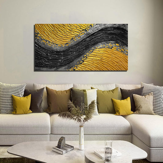 Abstract Hand Painted Wall Art for Office Black and Gold Canvas Wall Art for Bedroom Modern Wall Decor for Living Room Size 24 x 47 Inch