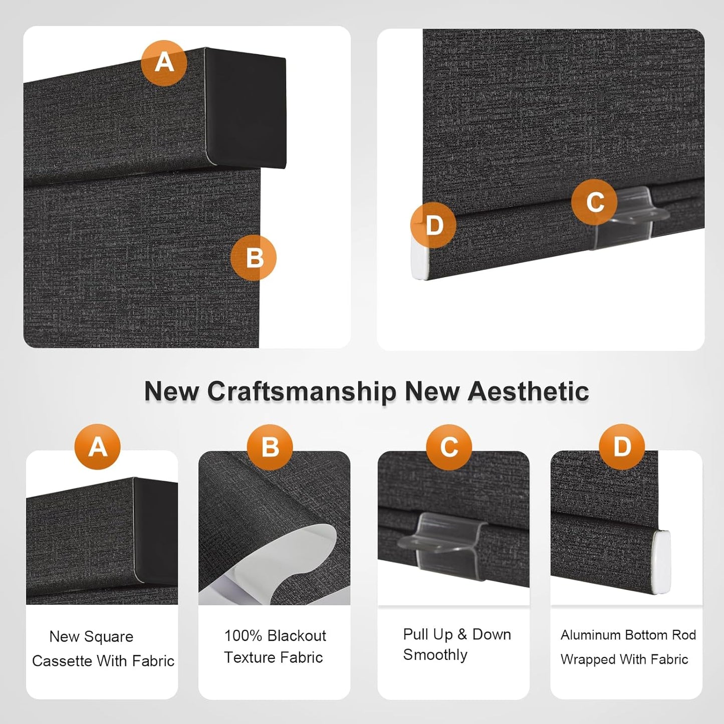 Persilux Free-Stop Cordless Blinds for Indoor Windows with Cover, Window Shades Blackout Roller Blinds, Thermal Insulated Fabric UV Protection for Kitchen, Office, Living Room, Black(47.5" W x 64" H)