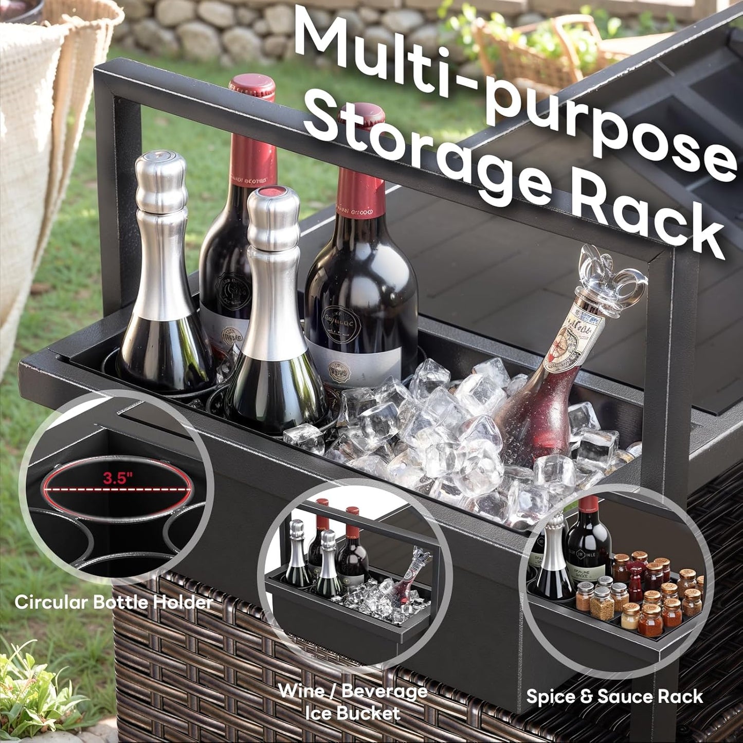 Outdoor Bar Cart with Storage Cabinet, Outdoor Grill Cart with Wheels, Rattan Bar Cart with Tempered Glass Tabletop, Outdoor Buffet Cabinet Table Cart for Mini Bar, BBQ, Food Serving, Brown Wicker