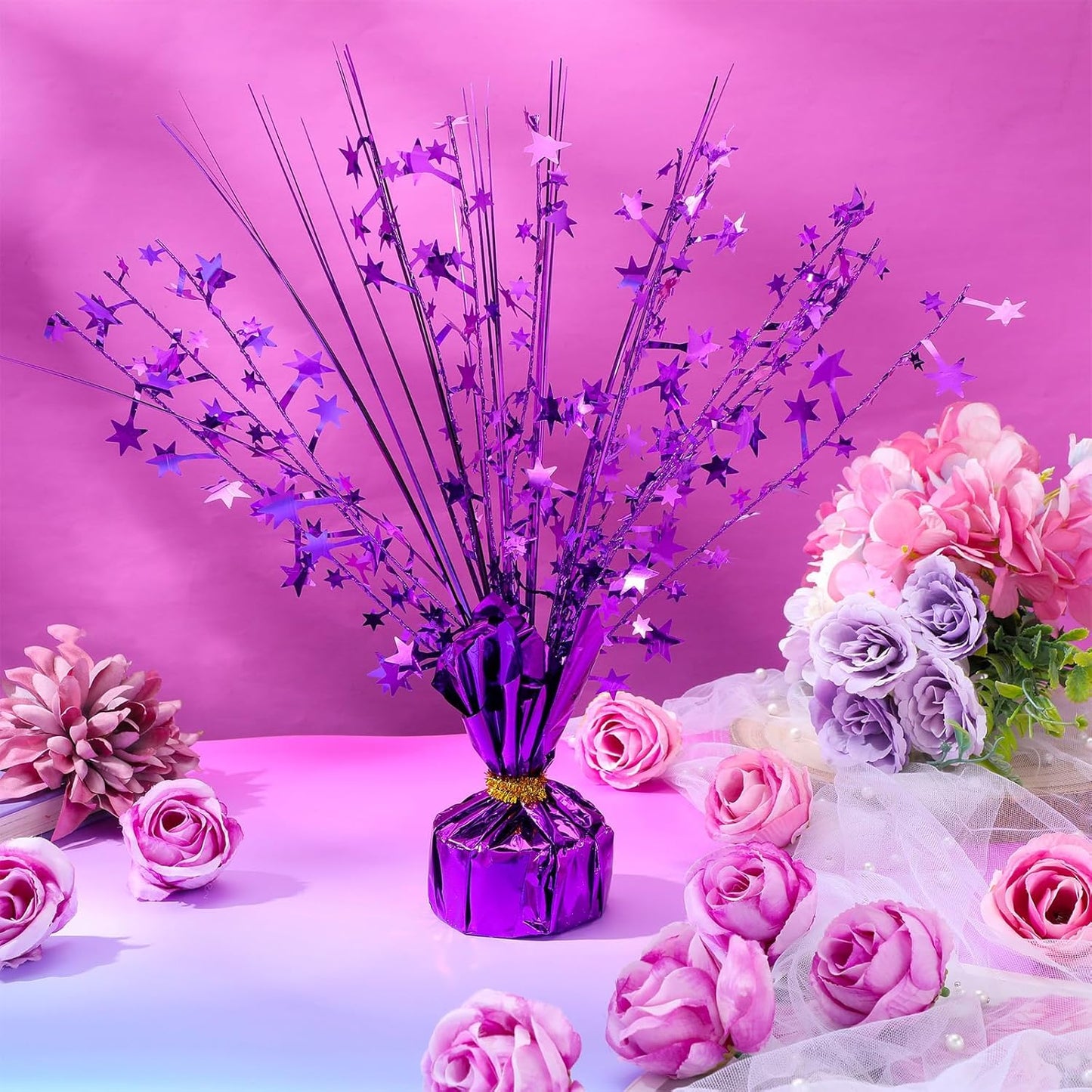 Crowye 18 Pieces Metallic Foil Spray Centerpiece Party Star Table Decoration Burst Metallic Table Centerpieces for Birthday Party Season Holiday(Purple)