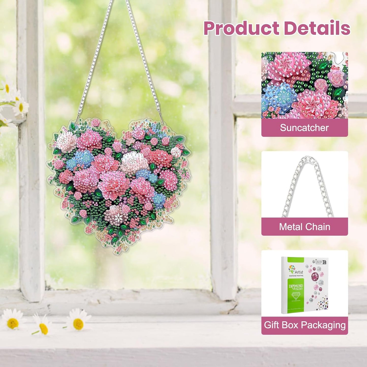 EOBROMD Diamond Hanging Art Kits for Adults, Heart Flower DIY Special Shaped Rhinestone Kits for Adults, Diamond Art Painting Suncatcher, Window Pendants Home Garden Wall Hanging Ornament