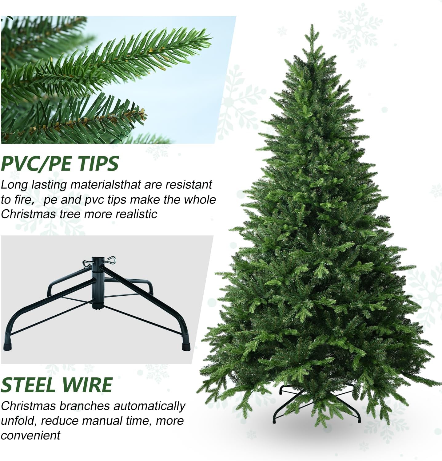 7 FT Artificial Christmas Tree with 1971 PE&PVC Mixed Branch Tips, Unlit Hinged Premium Spruce Fake Xmas Trees, Green, Foldable Base