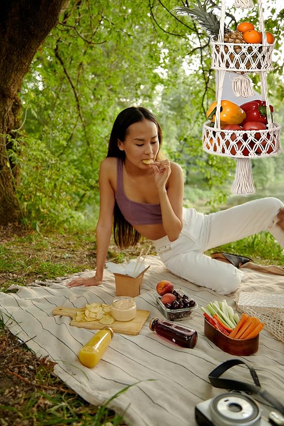 Pony River Hanging Fruit Basket, 3 Tier Cotton Macrame Produce Basket for Kitchen, Indoor Planter Hangers.