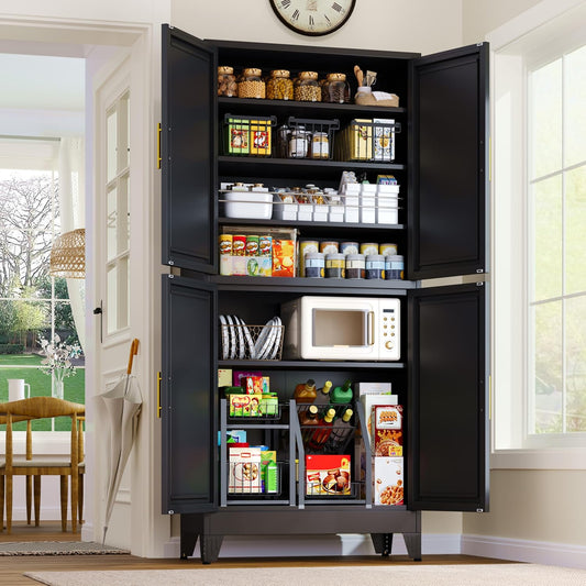75.2" Tall Metal Pantry Cabinet, Storage Cabinets with 4 Door and 4 Adjustable Shelves, Black Kitchen Pantry Storage Cabinet, Freestanding Cupboard for Kitchen Dining Room Living Room Bathroom