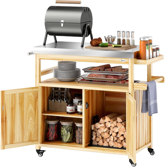 Outsunny Outdoor Grill Cart with Wheels and Storage, Solid Wood Outdoor Kitchen Island with Stainless Steel Top, Movable Bar Cart with Spice Rack, Side Handle, Integrated Hole for BBQ, Natural Wood