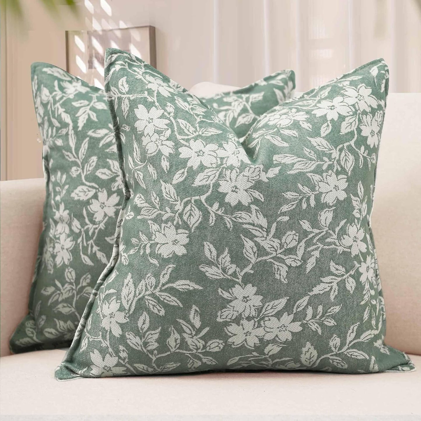 makkey 2 Pack 18x18 Pillow Covers, Teal Green Floral Decorative Pillows for Bed Cotton-Linen Blend for Living Room, Couch & Bed Cozy Home Decor