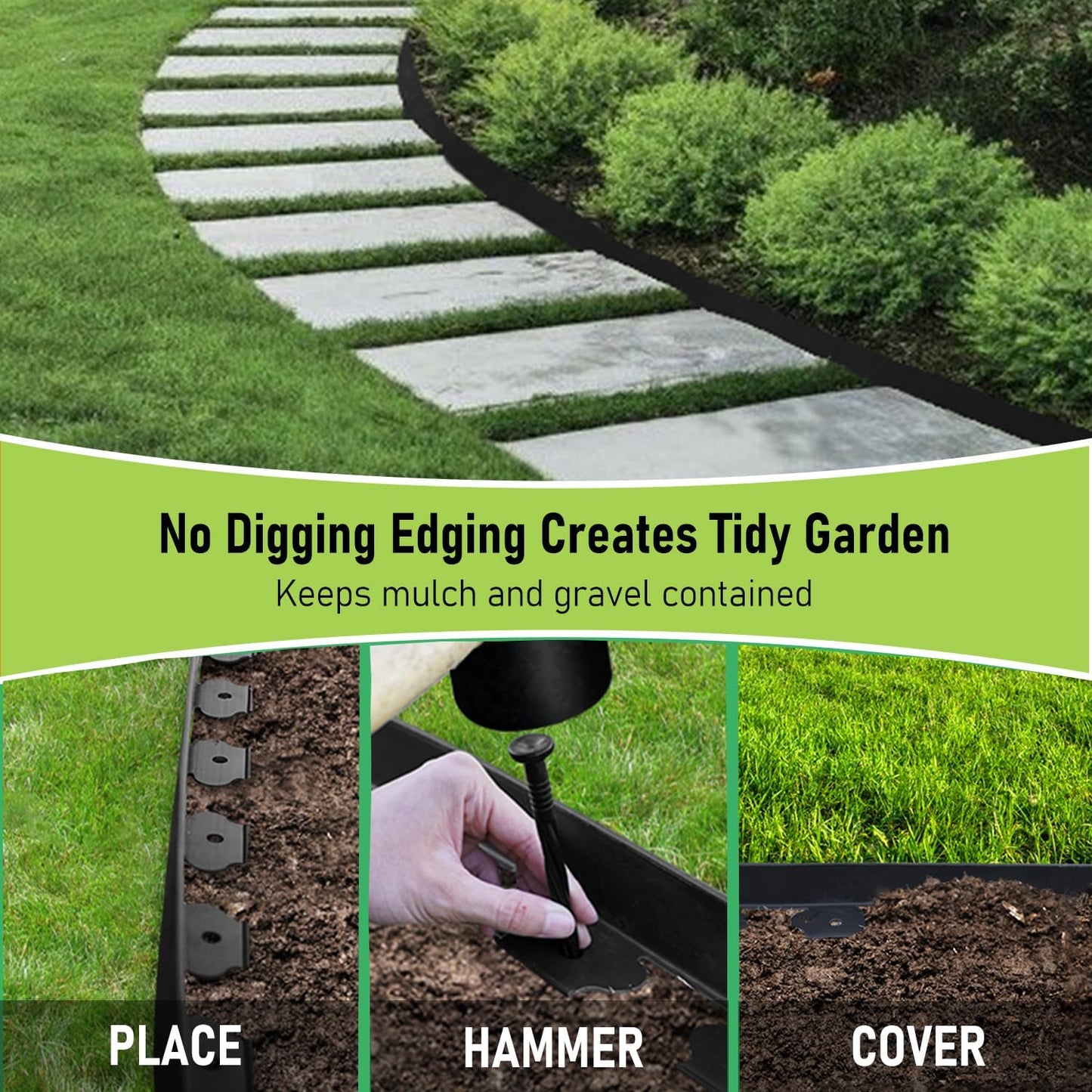 Hugeleaf Landscape Edging 2 Inches Tall, 50 Feet Garden Edging Border with 60pcs Spikes, Flexible Plastic Lawn Edge for Landscaping Flower Beds Yard Pathway