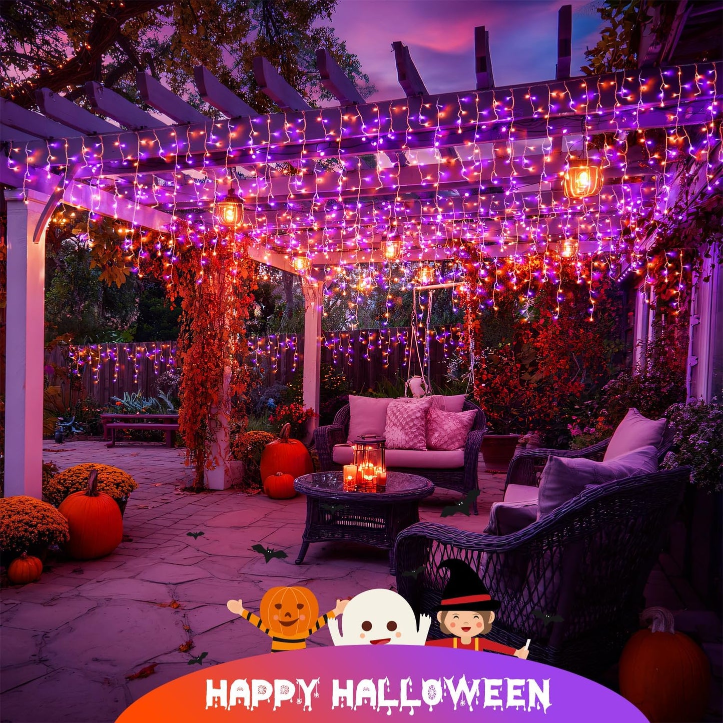 JMEXSUSS 400 LED Orange and Purple Halloween Lights Outdoor, 38.8 FT Orange and Purple Icicle Light Outdoor Waterproof, 8 Modes Halloween Lights Plug in for House Christmas Party Decorations