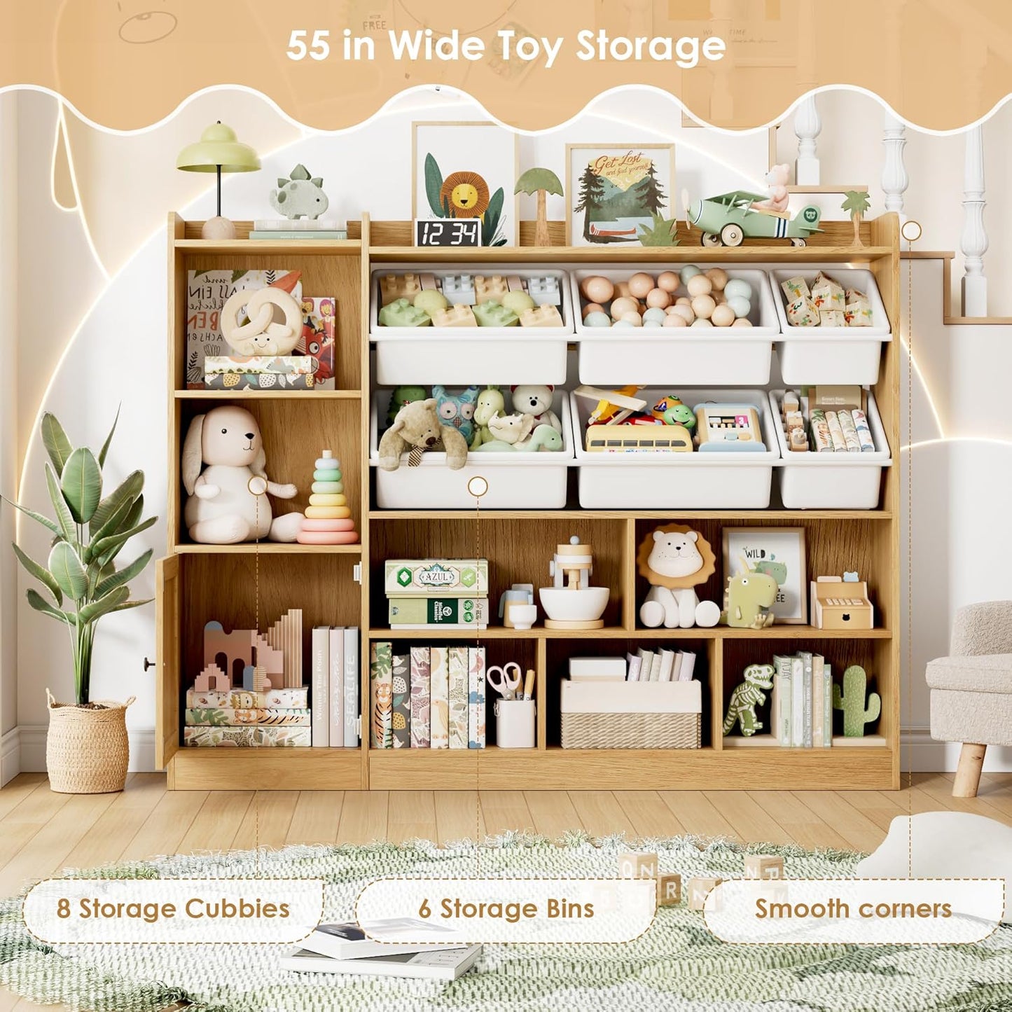 Toy Storage Organizer, 55” Wide Toy Organizers and Storage with 8 Storage Cubbies & 6 Toy Bins, Large Toy Box with Bookshelf, Playroom Storage for Playroom, Oak