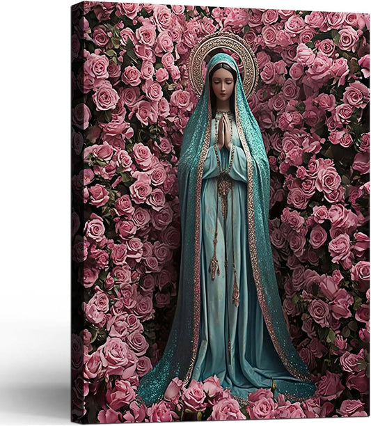 Framed Virgin Mary Catholic Wall Art Decor Canvas Print Wall Painting Religious Poster Artwork for Living Room Bedroom Hallway Gallery Decor 12x16 Inch Ready to Hang