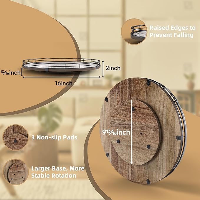 Acacia Wood 16" Lazy Susan Turntable Organizer for Table Top, Farmhouse Large Round Lazy Susan for Cabinet Kitchen Centerpieces Dining Table, for Condiments Charcuterie, Bathroom Vanity Tray Decor