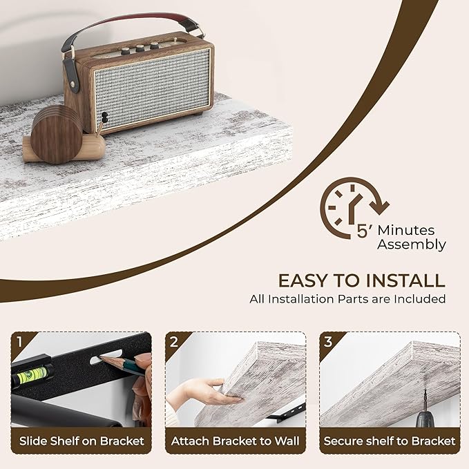 RICHFOCUS 24Inch Floating Shelves for Wall 2 Pack Shelves for Bedroom|Kitchen|Bathroom Wall Mounted Rustic Distressed Wood Floating Shelf with Invisible Brackets for Books|Storage|Decor, Rustic