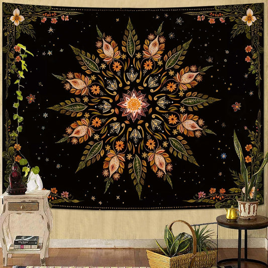 Fowocu Boho Floral Mandala Tapestry for Bedroom Aesthetic Vintage Bohemian Flower Wall Tapestry Black Green Hippie Indian Small Tapestries Wall Hanging for Living Room Dorm Decor 48 x 36 Inch