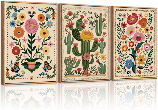 HLNIUC Vintage Flower Framed Canvas Wall Art,Colorful Desert Cactus Flower Wall Decor Set of 3(16”x24”)Boho Botanical Floral Butterfly Wall Painting,Large Desert Plant Art Print for Living Room,Office