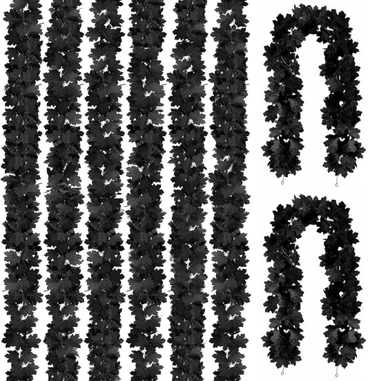 Joyhalo 8 Pack 5.7FT Black Maple Leaf Garland,Halloween Artificial Hanging Black Vines,Halloween Outdoor Garland for Mantle,Door Frame,Fireplace and Thanksgiving Decor