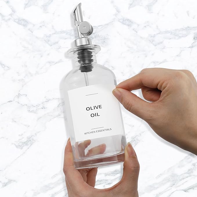 Olive Oil Dispenser Bottle - Includes 55 Kitchen Essential Labels - Cooking Oil Bottles for Kitchen, Coffee Syrup Dispenser - Pourer Spout with 11.8 fl oz Glass Container Cruet - 4pcs Silver