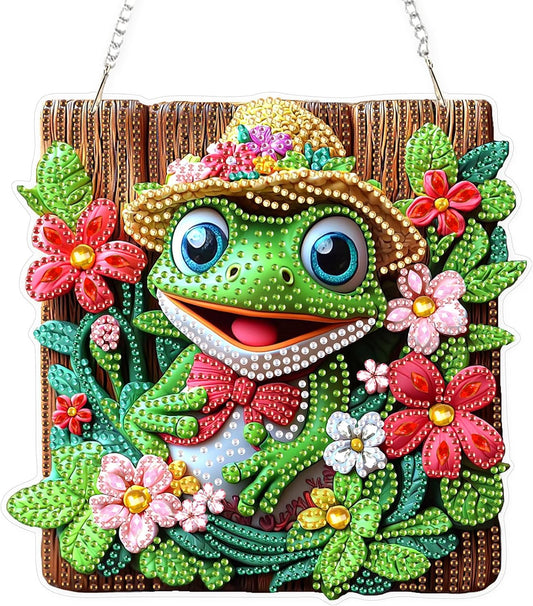 Lxmsja DIY Cute Frog Diamond Painting Hanging Ornament, Double-Sided Acrylic Flowers Diamond Art Kit, Special Shaped Drill Pendant Window Art Kit, Suncatcher Hanging Craft Decoration 8x8 inch