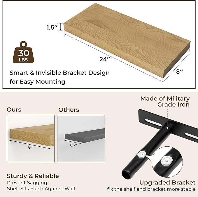 RICHFOCUS 24Inch Floating Shelves for Wall 2 Pack Shelves for Bedroom|Kitchen|Bathroom Wall Mounted Rustic Wood Floating Shelf with Invisible Brackets for Books|Storage|Decor, Oak