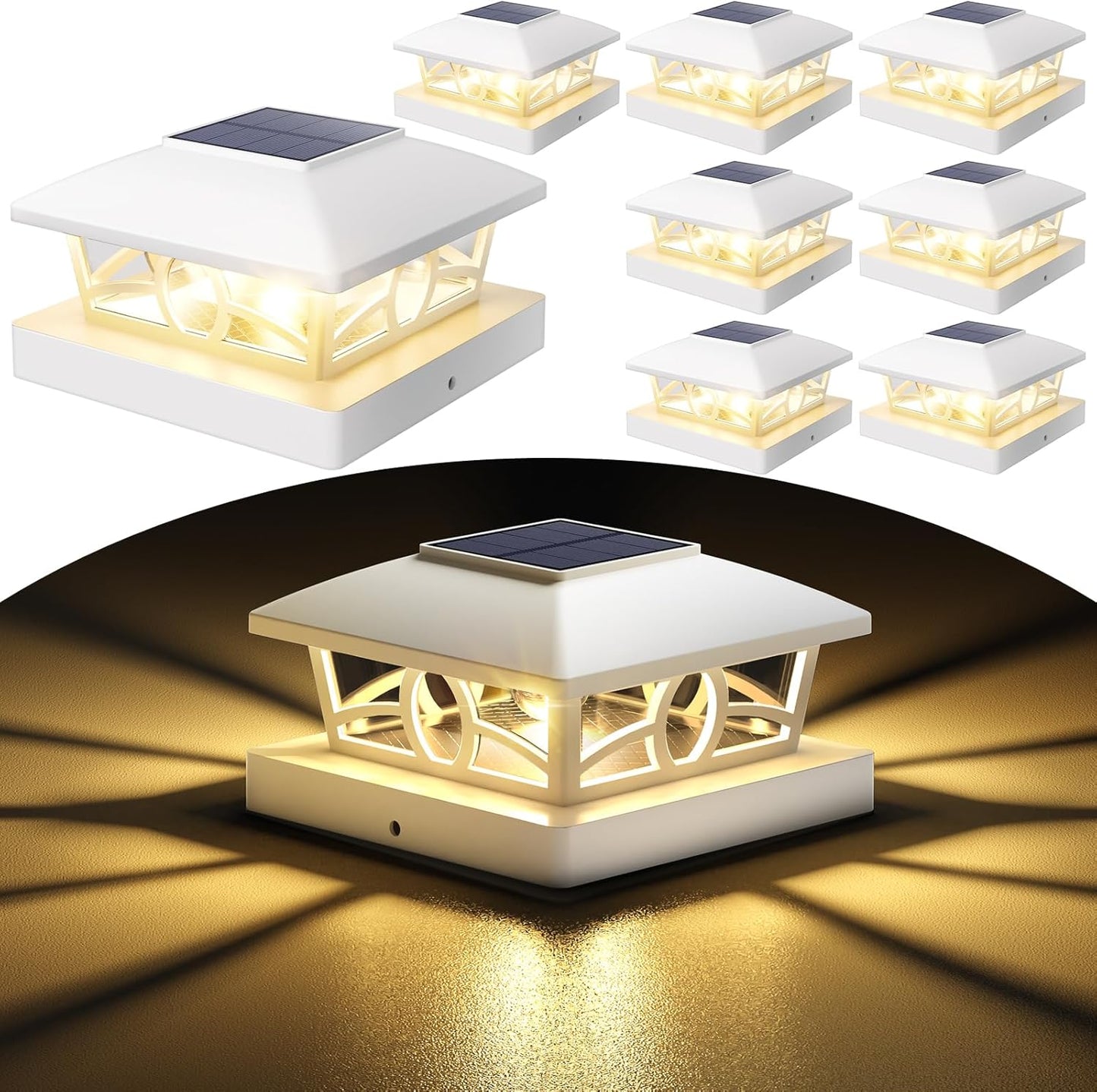 NIORSUN Solar Post Lights Outdoor, Fence Post Solar Lights Warm White Outdoor Waterproof Edison LED Bulbs Garden Patio Fence Deck Decor, Fence Post Caps 4x4 5x5 Wood Vinyl, White 8 Pack