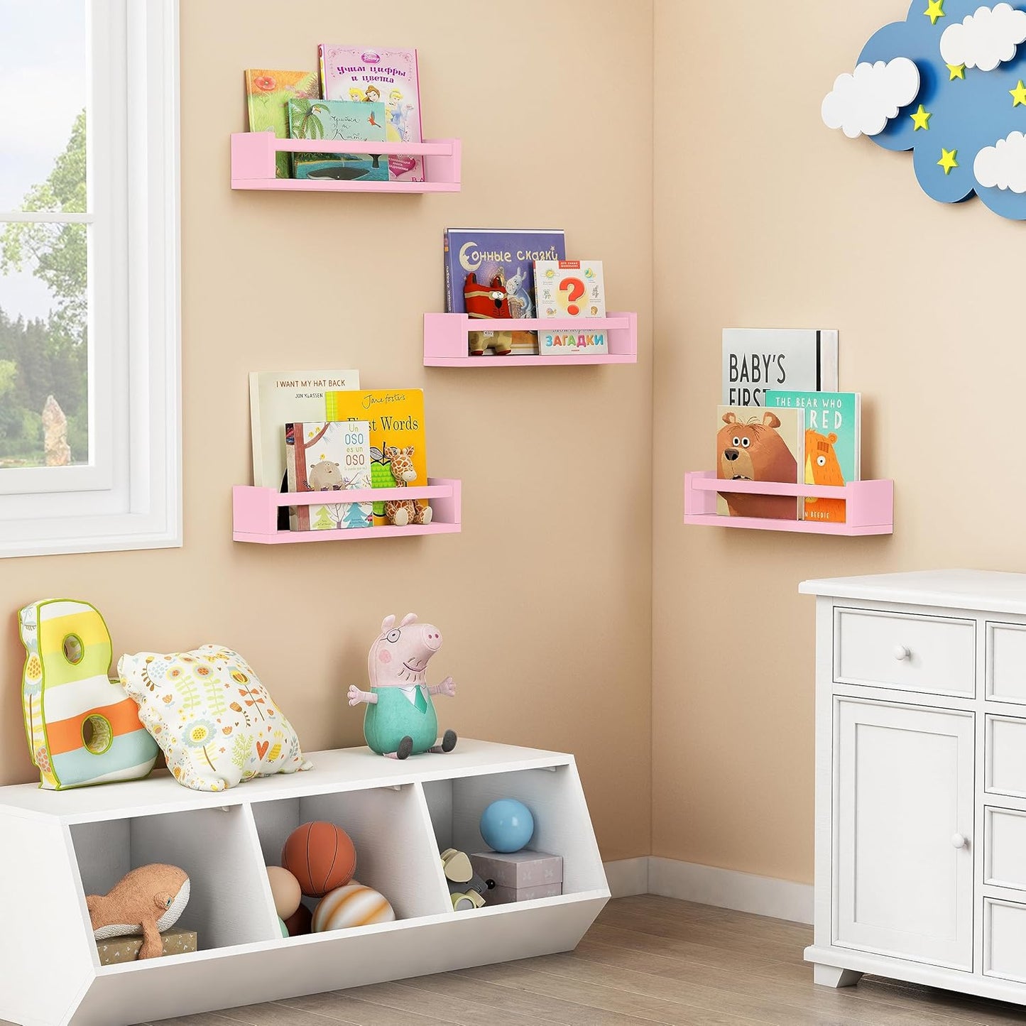 Forbena Pink Floating Shelves for Wall, Aesthetic Wall Bookshelf for Girls Room Decor, Wood Nursery Bookshelves for Toddler Kids Bedroom Book and Toy Storage Organizer (Set of 4, Pink)