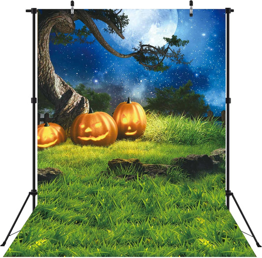 8x10FT Halloween Backdrop for Photography Grass Pumpkin Moonlight Decoration for Portrait Background Party Banner Photo Booth Shoot Props