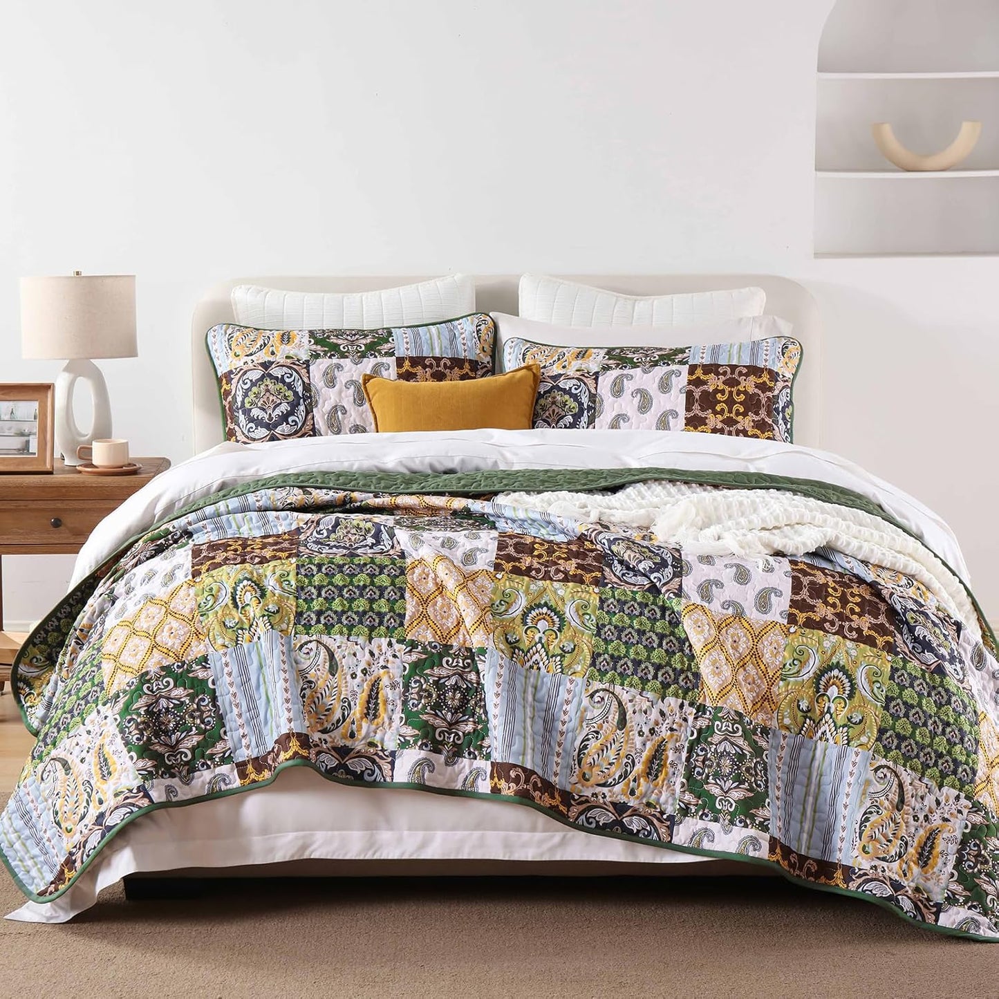 WONGS BEDDING Boho Quilt Set Queen Size, Plaid Patchwork Bedspread Bedding Set Soft Microfiber Quilt for Queen Bed Reversible 3 Pieces Coverlet Set for All Season (Brown Olive 96"x90")