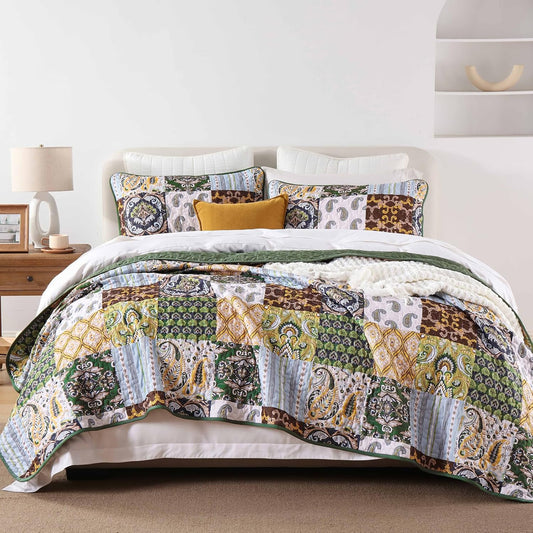 WONGS BEDDING Boho Quilt Set King Size, Plaid Patchwork Bedspread Bedding Set Soft Microfiber Quilt for King Bed Reversible 3 Pieces Coverlet Set for All Season (Brown Olive 104"x90")