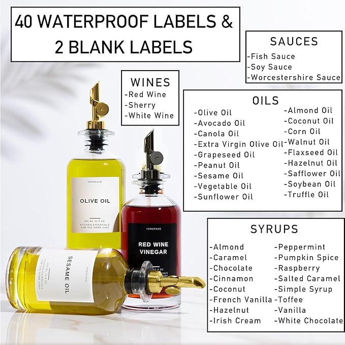 Olive Oil Dispenser For Kitchen With Silicone Tray & 40 Labels, Soy Sauce Dispenser, Coffee Syrup Dispenser, Olive Oil Bottles Set Of 2, Gold 500ml / 17oz