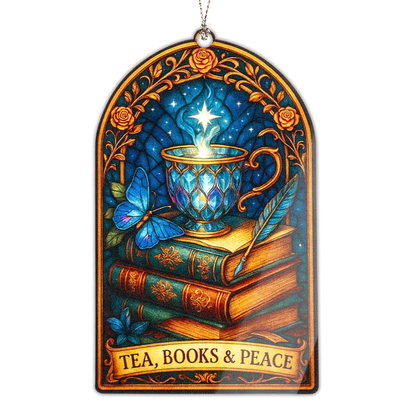 Tea Books Peace Ornament – book lover – tea gifts – reading decor – christmas ornament – Suncatcher effect stained glass window hanging – Car Hanging