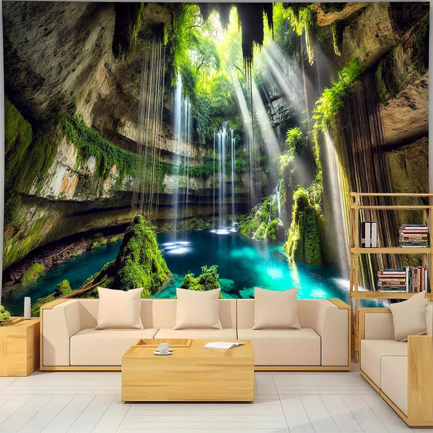 BSFHH Nature Tapestry Forest Tree Sea Cave Wall Hanging, Stream Through Rainforest Landscape Wall Art Tapestry for Bedroom Living room (Fall, 79"×59", Unframed)
