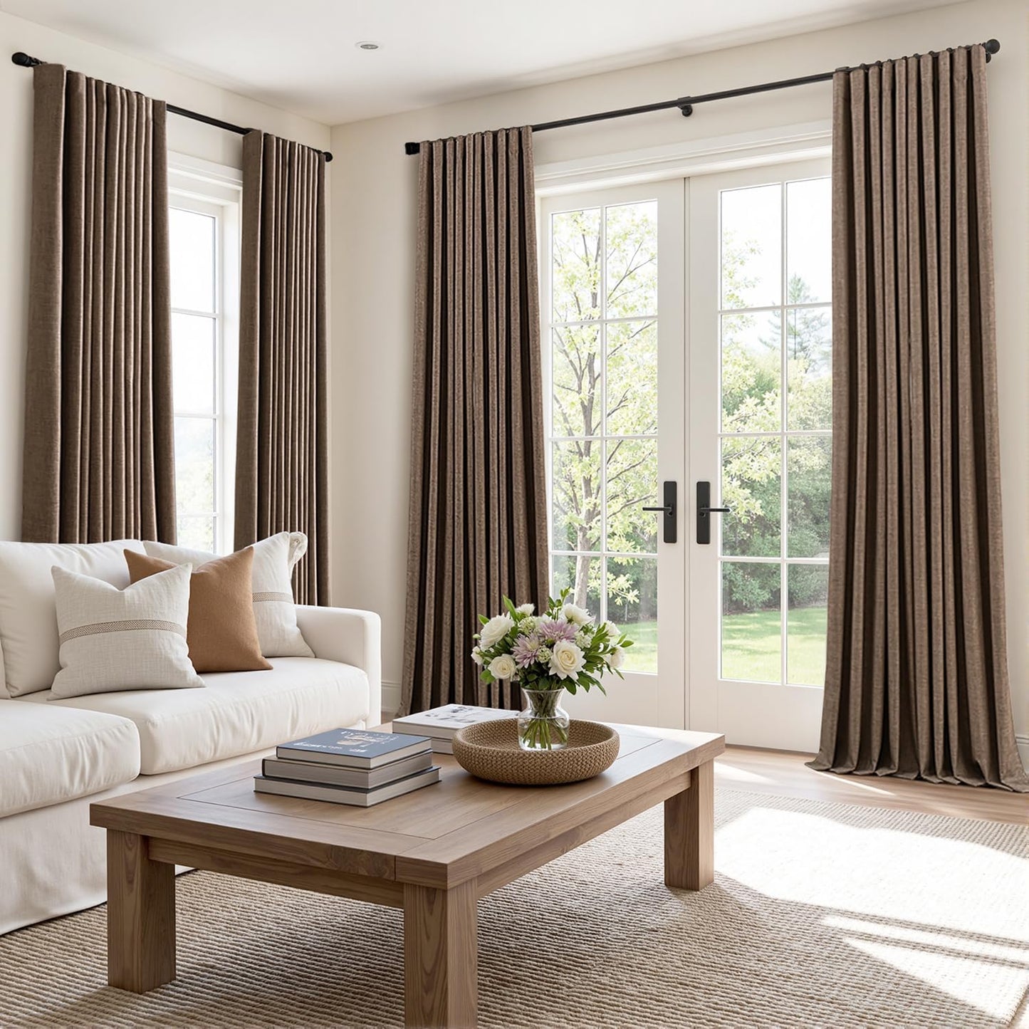 MIULEE 100% Blackout Curtains 84 Inch Long 2 Panels Set for Bedroom, Thick Faux Linen Black Out Curtain Room Darkening Back Tab Pleat Window Textured Drapes with Hooks for Living Room, Dutch Cocoa