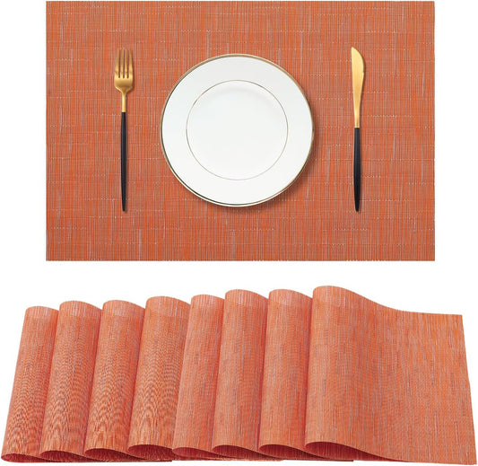 Leetaltree Orange Placemats Set of 8 - Heat Resistant Non-Slip Place mats for Dining Table, Washable Durable PVC Vinyl Woven Table Mats（Orange, 8）